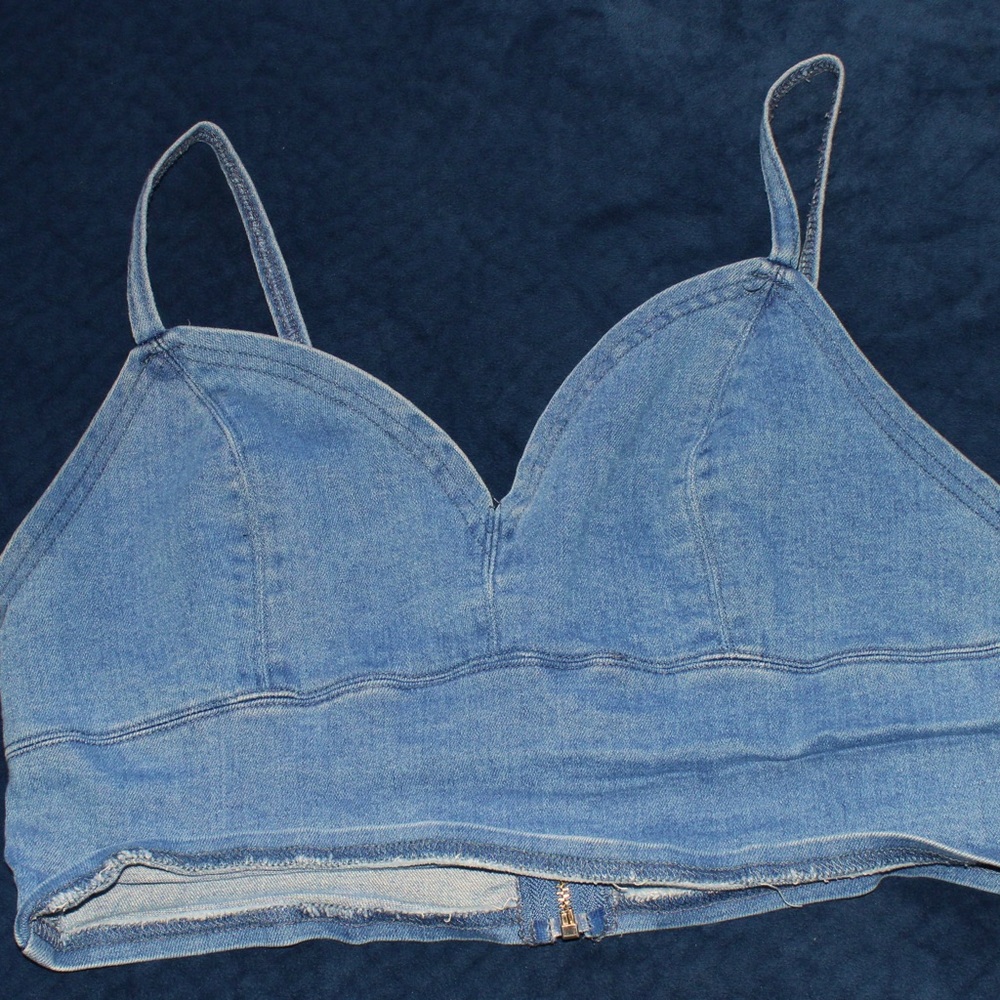 Denim bralette with gold zipper